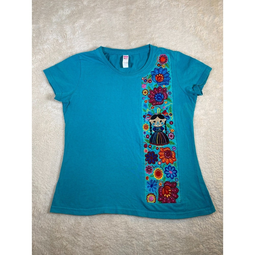 Euro Cotton Mexican Embroidered Shirt Women M Blue Folk Art Floral Tee